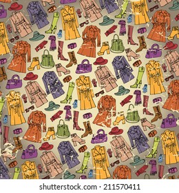 Colorful Fashion wear grunge background.Woman clothes set. Autumn ,winter,spring woman fashion. Use for fabrics, Wallpaper,background,packaging paper,backdrop.Retro vector illustration.