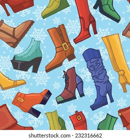 Colorful fashion women's high heel shoes,boots,snowflakes seamless pattern.Casual and festive isolated shoes.Autumn,winter,spring background.For Backdrop,fabric,Wallpaper.Fashion illustrations.Vector.