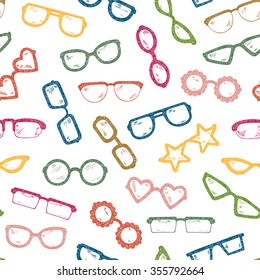 Colorful Fashionable accessories. Hand Drawn Doodle Glasses Seamless pattern. Different shapes sunglasses, eyeglasses - Vector illustration 