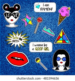 Colorful fashionable pins, patches, badges on denim blue jeans background. Stickers for smartphones and applications, textile and apparel, labels, design elements. Trendy, pop art, hippie style