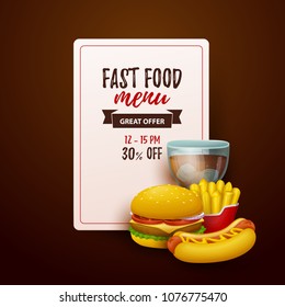 Colorful fast food  background. Burger,hot dog,fries. Vector Illustration