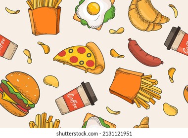 Colorful fast food background. Seamless pattern with pizza, cup of coffee, Bavarian sausage, chips, French fries, croissant and sandwich. Design element for packaging. Cartoon flat vector illustration