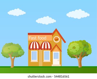 Colorful fast food cafe front view on nature background, vector illustration