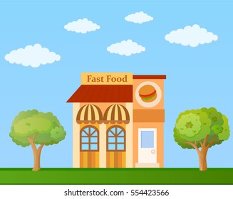 Colorful fast food cafe front view on nature background, vector illustration