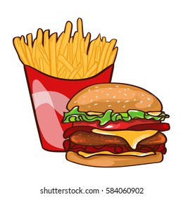 Colorful fast food concept with hamburger and french fries in flat style isolated vector illustration