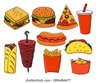Colorful fast food doodle illustration set. Colorful flat fast food illustrations set in vector. Colorful fast food icons collection in vector