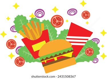 Colorful fast food doodle vector. Burger, soda, hamburger, fries, and the condiments