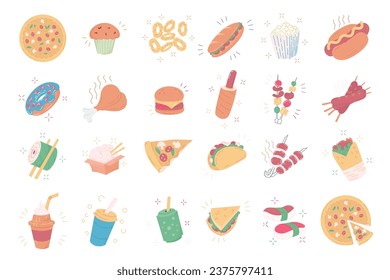 Colorful fast food flat icons set. Unhealthy food and drinks set