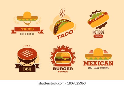 Colorful fast food flat sign set. Fastfood cafe banner with taco, hot dog, burger, burritos and BBQ vector illustration collection. Food delivery and nutrition concept
