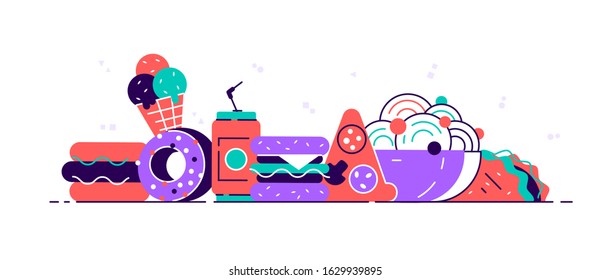 Colorful Fast food. Fast food hamburger dinner and restaurant, tasty set fast food many meal and unhealthy fast food classic nutrition. Vector isolated on white background in flat modern cartoon style