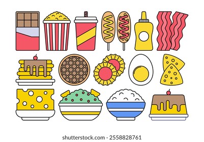 Colorful fast food icon illustration featuring snacks like popcorn, soda, hotdogs, pancakes, cheese, eggs, and desserts. Perfect for menus, food apps, or illustrations highlighting quick meals