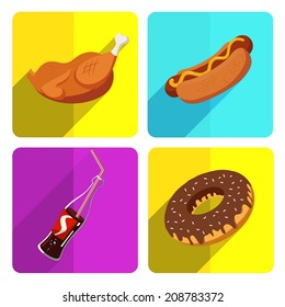 Colorful Fast Food Icon Set on Bright Background