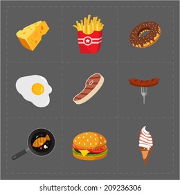 Colorful Fast Food Icon Set on Grey Background