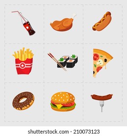 Colorful Fast Food Icon Set on White Background