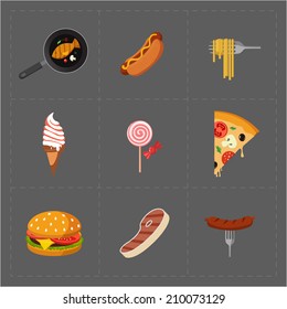 Colorful Fast Food Icon Set on Grey Background