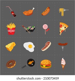 Colorful Fast Food Icon Set on Grey Background