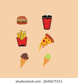 Colorful Fast Food Icons for Restaurant or Cafe Design