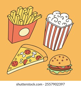 Colorful fast food illustration like french fries, popcorn, pizza slice and hamburger on orange background