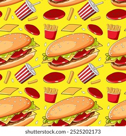 Colorful fast food items on yellow background