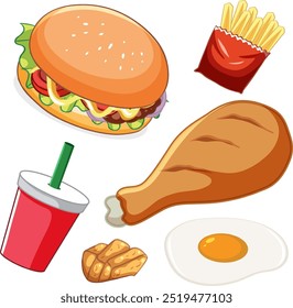Colorful fast food items in vector style