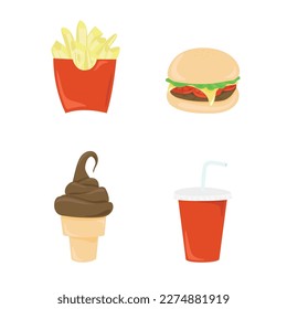Colorful Fast food on white background. Fast food hamburger restaurant, tasty set fast food meal and unhealthy fast food classic nutrition in flat style.