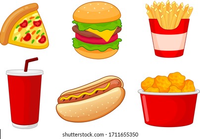 Colorful Fast food. Pizza, Hamburger, Hotdog, Nuggets, French Fries and soft drink. Vector illustration isolated on white background. Unhealthy fast food classic nutrition