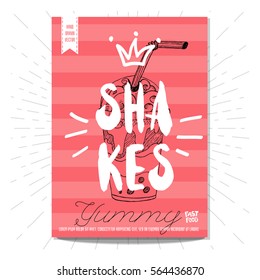 Colorful fast food poster. Shakes, lettering, calligraphy. Retro background. Sketch style, labels, hand drawn vector.