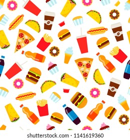 Colorful fast food seamless pattern. Junk food vector repeating background for textile design, wrapping paper, wallpaper.