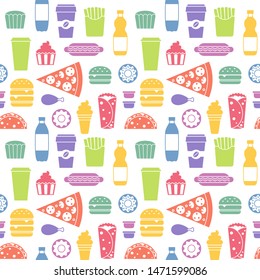 Colorful fast food seamless pattern. Junk food vector repeating background for textile design, wrapping paper, wallpaper.