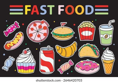 colorful fast food stickers. pizza, burger, taco, hot dog, cupcake, ice cream, candy, croissant, coffee, soda, donut. cute drink and snack print vector