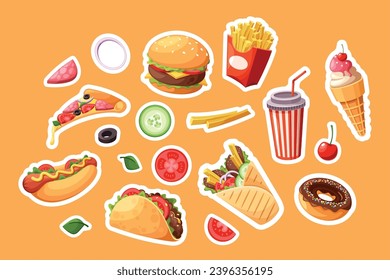 Coloridas Pegatinas De Comida Rápida. Hamburguesa, Fries Francesas, Pizza Y Helados. Copa Cola, Hotdog, Tacos Con Donut