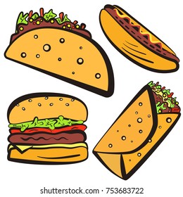 Colorful fast food symbols set with black outline. Cartoon flat linear fastfood including hamburger, tacos, burrito, hot dog for fast food restaurant or cafe menu, advertisement, banners, stickers