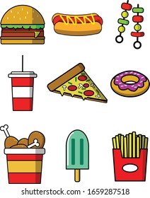 Colorful Fast food vector. fast food consisting of burgers, hot dogs, barbecue, soda, pizza, donuts, fried chicken, ice cream, and french fries. illustration of set fast food icons. 