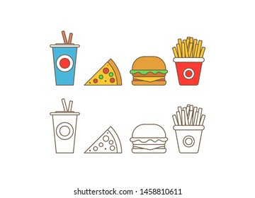 Colorful Fast food vector. Fast food hamburger dinner and restaurant, tasty set fast food many meal and unhealthy fast food classic nutrition in flat style.
