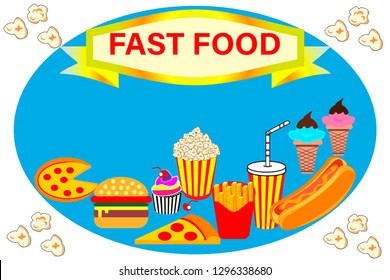Colorful Fast food vector isolated on blue background.Fast food hamburger dinner and restaurant, tasty set fast food many meal and unhealthy fast food - Vector