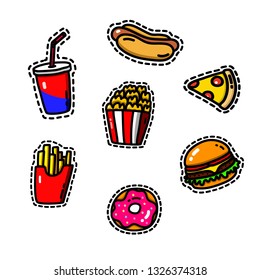 Colorful Fast food vector isolated on white background. Fast food set consisted of cola cup, donut, burger, pizza slice, popcorn, french fries, hotdog. Suitable for sticker designs and patches