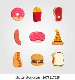 Colorful Fast food vector isolated on white background. Hamburger, donut, beef, sosis, pizza, hot dog, bread, sushi.  Set of fast food in flat style. vector illustration