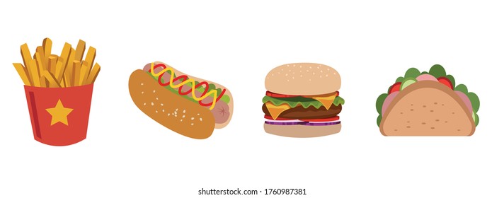 Colorful Fast food vector isolated on white background. Fast food : burger, fries, hotdog, and tacos.  fast food cartoon illustration