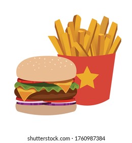 Colorful Fast food vector isolated on white background. Fast food : burger, fries, hotdog, and tacos.  fast food cartoon illustration