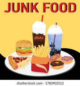 Colorful Fast food vector isolated on background. Fast food hamburger dinner and restaurant, tasty set fast food many meal and unhealthy fast food classic nutrition in flat style.