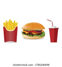 Colorful Fast food vector isolated on white background. Fast food hamburger, soda, potato fries, tasty set fast food many meal and unhealthy fast food classic nutrition in flat style