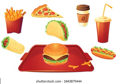 Colorful Fast food vector isolated Fast food hamburger dinner and restaurant, tasty set fast food many meal and unhealthy fast food classic nutrition