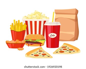 Colorful Fast food vector isolated on white background. Classic American cheese burger with grilled meat, fried crispy chicken leg tenders, french fries and soft drink cup.