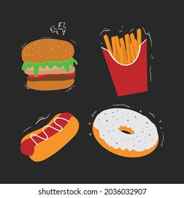 Colorful Fast food vector isolated on background. Tasty fast food nutrition and unhealthy food. Flat cartoon style Premium Vector