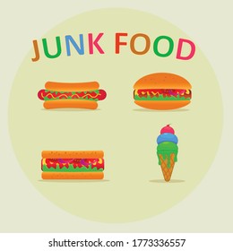 colorful fast food vector set. hot dog, burger, sandwich and ice cream.