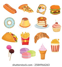 colorful fast foods, Pastry, desserts,  breakfast, burger, donut, pastry, ice cream, pizza, Set of isolated vector cartoon icons. pop corn