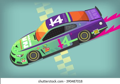 Colorful fast motor racing car on a start line.