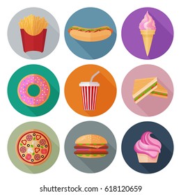 Colorful fastfood flat icons with colorful circles on white background set. French fries, hot dog, ice ream, donut, drink, sandwich, pizza, burger, cake. RGB EPS 10 vector illustration