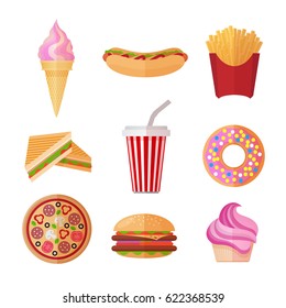 Colorful fastfood colorful flat icons on white background set. French fries, hot dog, ice ream, donut, drink, sandwich, pizza, burger, cake. RGB EPS 10 vector illustration