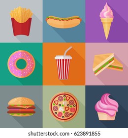 Colorful fastfood flat icons on colorful squares background set. French fries, hot dog, ice ream, donut, drink, sandwich, pizza, burger, cake. RGB EPS 10 vector illustration